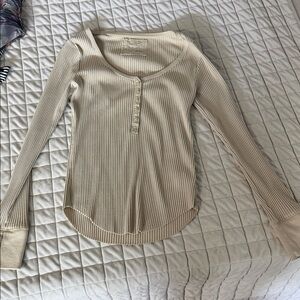 Aerie Cream Long Sleeve Ribbed Tee